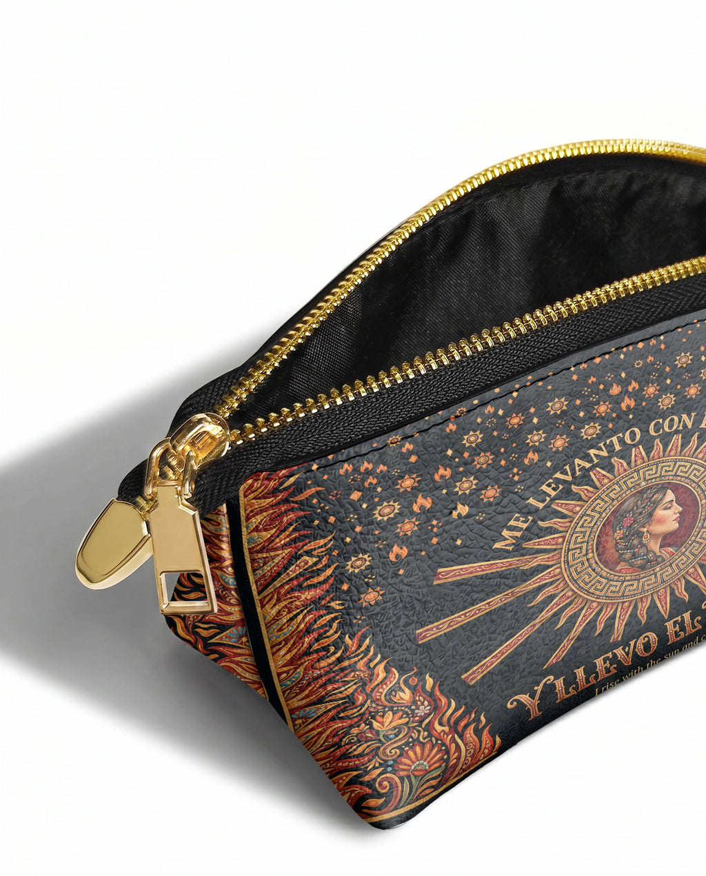 "Me levanto con el sol y llevo el fuego" ver.3 Eclipse Makeup Bag - side view | Paleta Bags