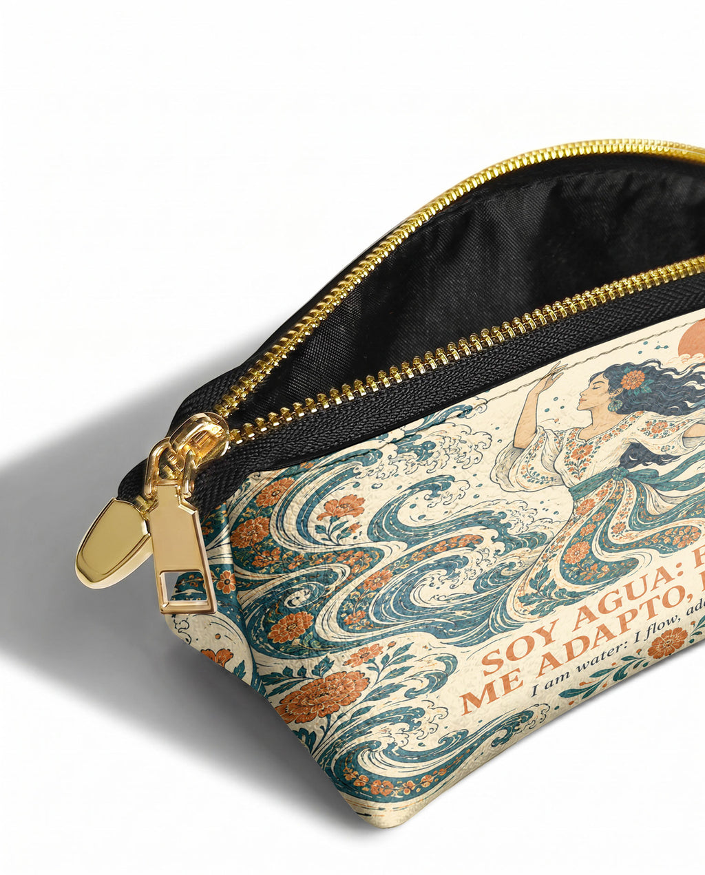 "Soy agua fluyo, me adapto, persisto" ver.4 Eclipse Makeup Bag - side view | Paleta Bags