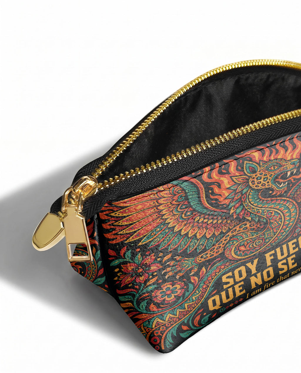 "Soy fuego que no se apaga" ver.1 Eclipse Makeup Bag - side view | Paleta Bags