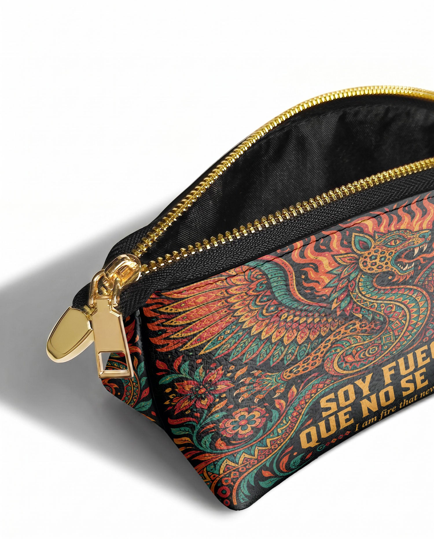 "Soy fuego que no se apaga" ver.1 Eclipse Makeup Bag - side view | Paleta Bags