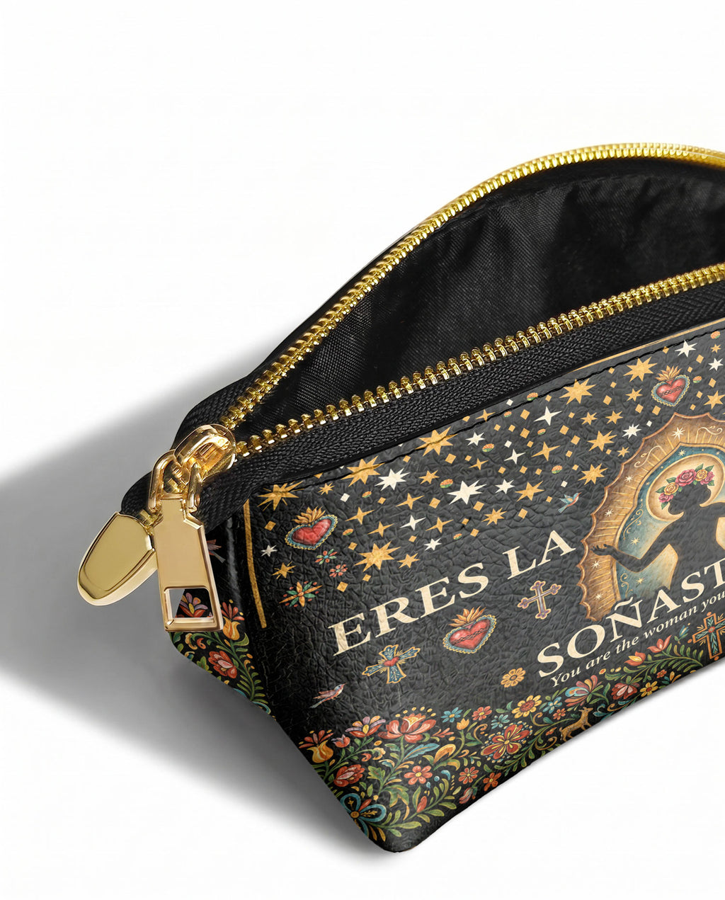 "Eres la mujer que alguna vez soñaste ser" ver.2 Eclipse Makeup Bag - side view | Paleta Bags
