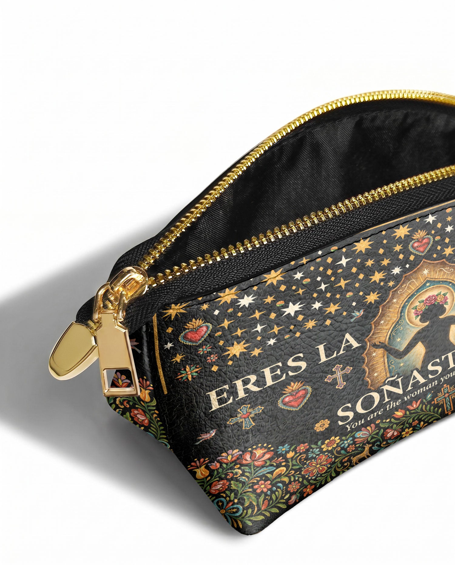 "Eres la mujer que alguna vez soñaste ser" ver.2 Eclipse Makeup Bag - side view | Paleta Bags