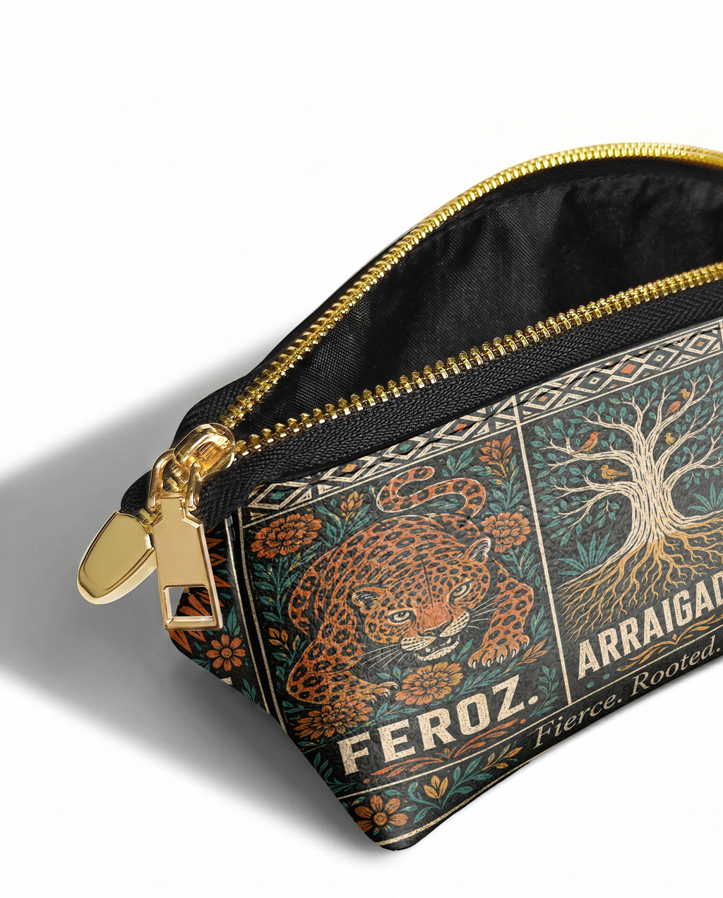 "Feroz. Arraigada. Radiante" ver.1 Eclipse Makeup Bag - side view | Paleta Bags