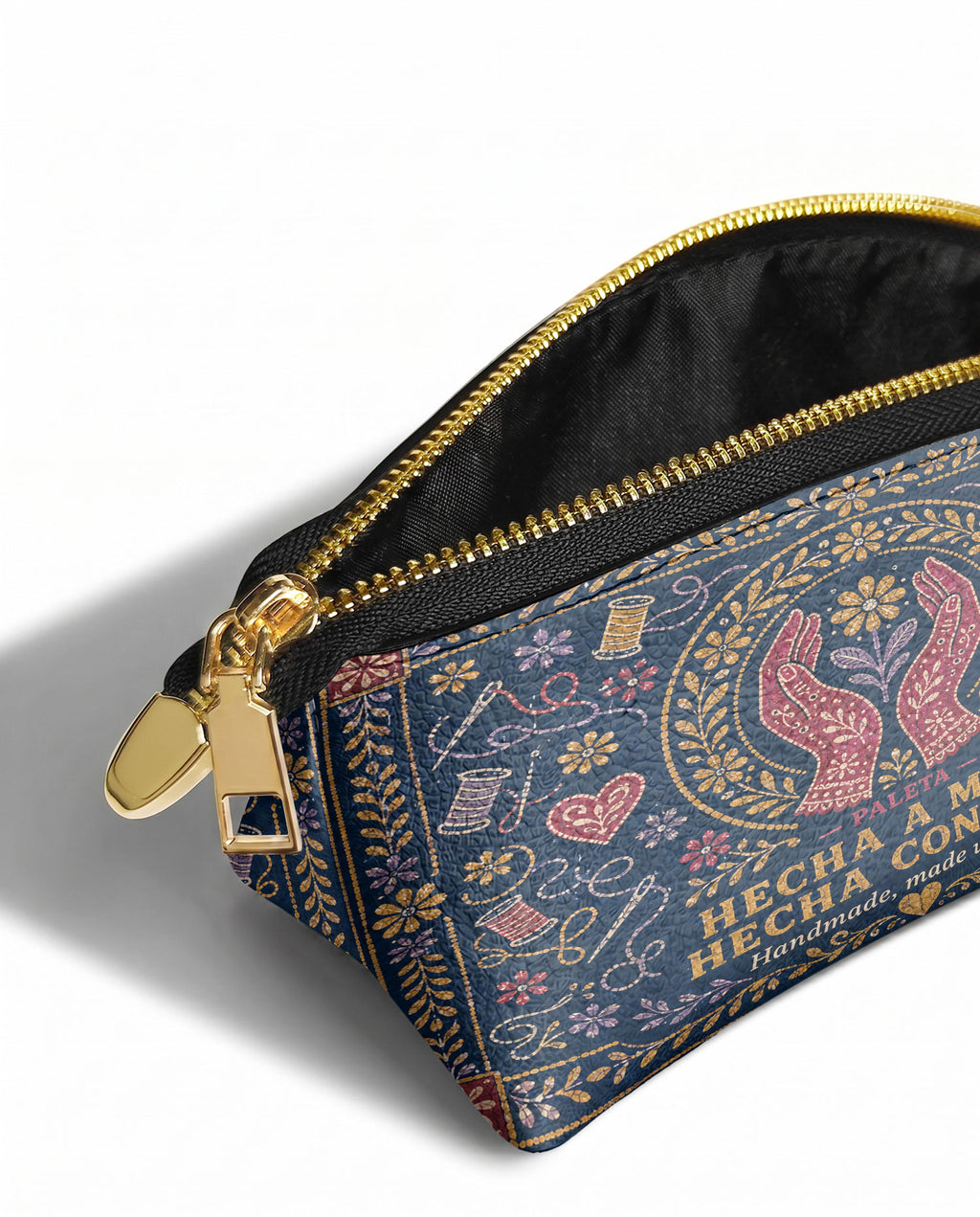 "Hecha a mano, hecha con amor" ver.4 Eclipse Makeup Bag - side view | Paleta Bags