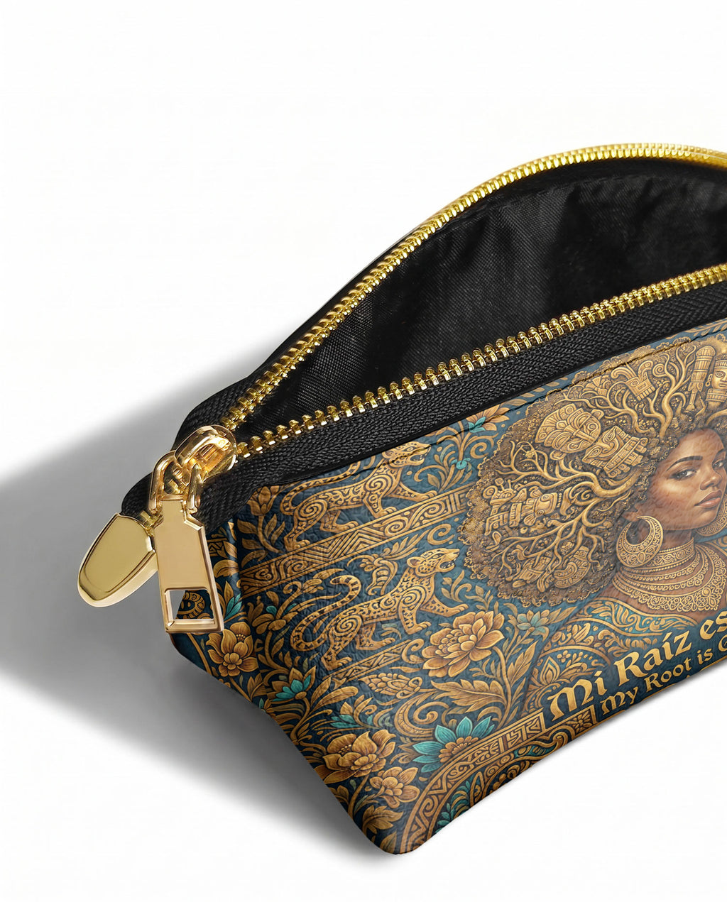 "Mi Raíz es Oro" ver.2 Eclipse Makeup Bag - side view | Paleta Bags
