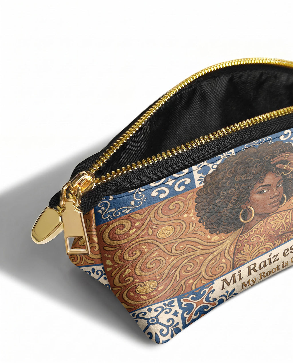 "Mi Raíz es Oro" ver.1 Eclipse Makeup Bag - side view | Paleta Bags