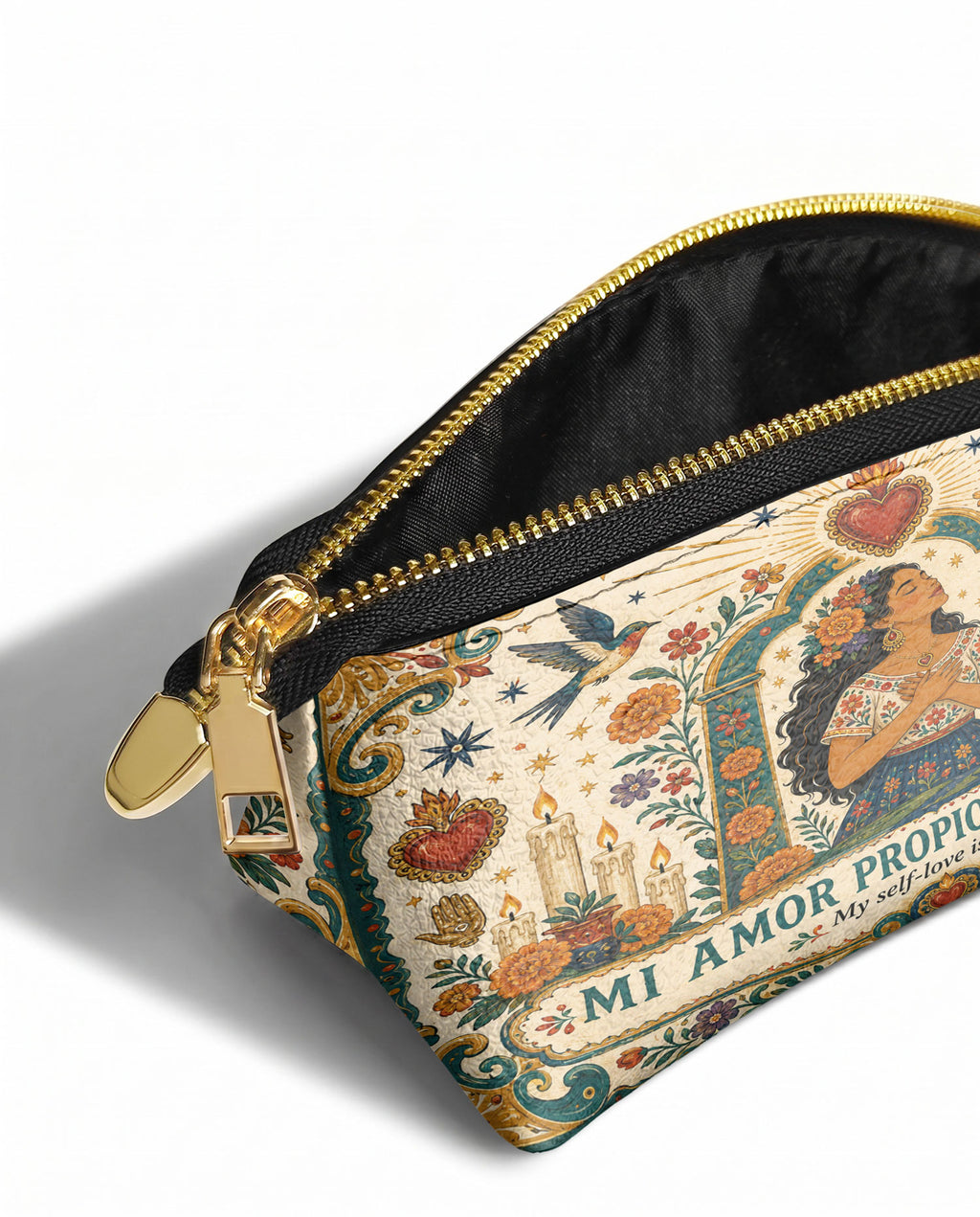 "Mi amor propio es sagrado" ver.1 Eclipse Makeup Bag - side view | Paleta Bags