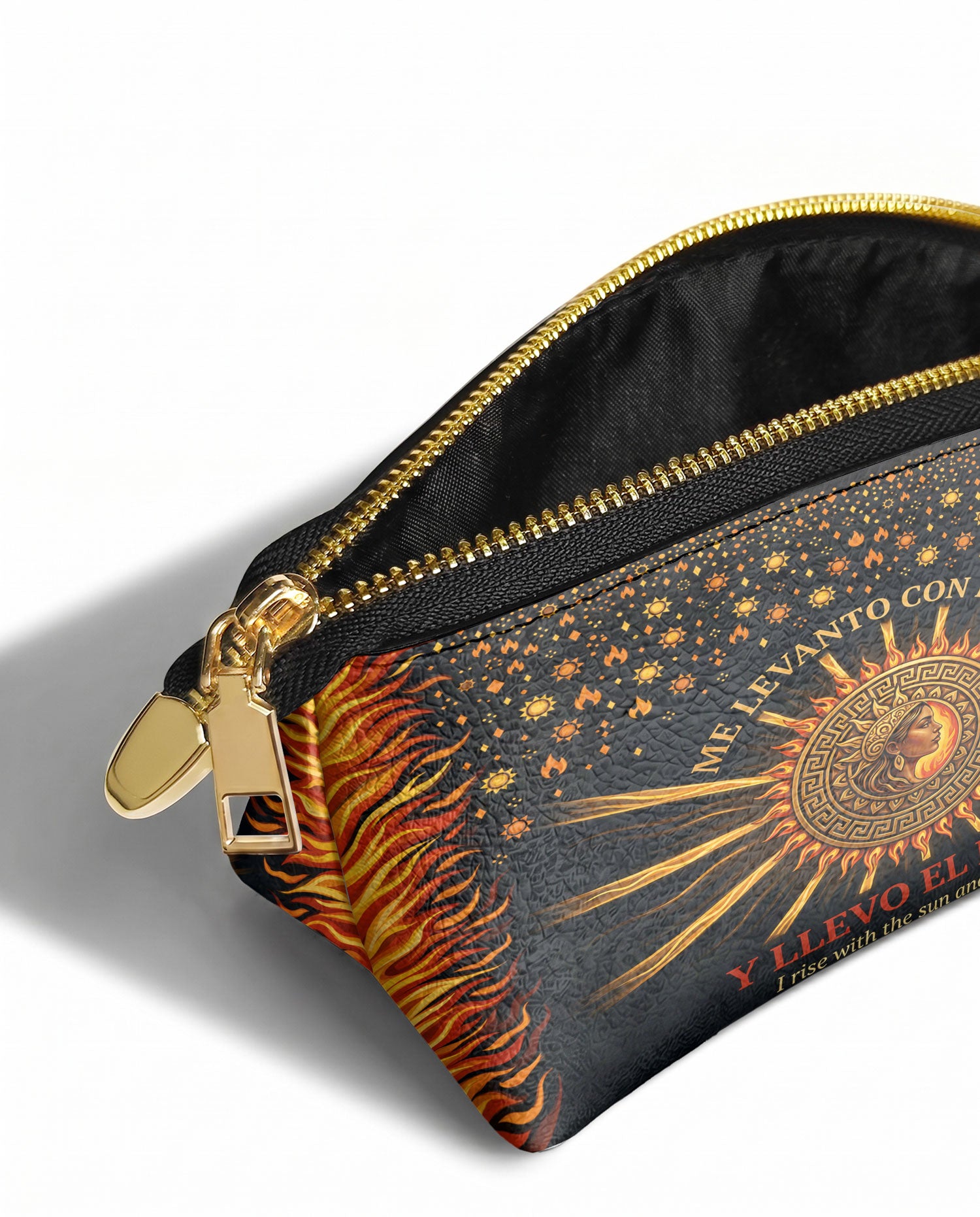 "Me levanto con el sol y llevo el fuego" ver.2 Eclipse Makeup Bag - side view | Paleta Bags