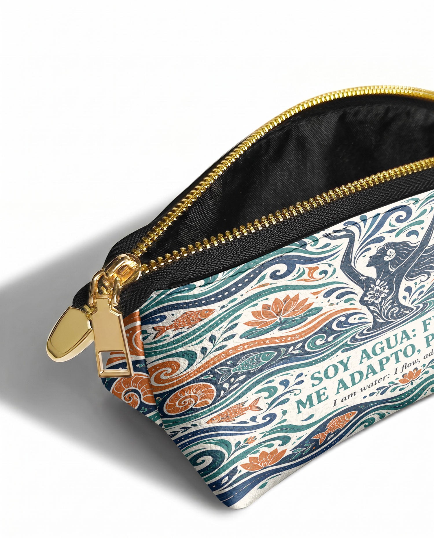 "Soy agua fluyo, me adapto, persisto" ver.1 Eclipse Makeup Bag - side view | Paleta Bags