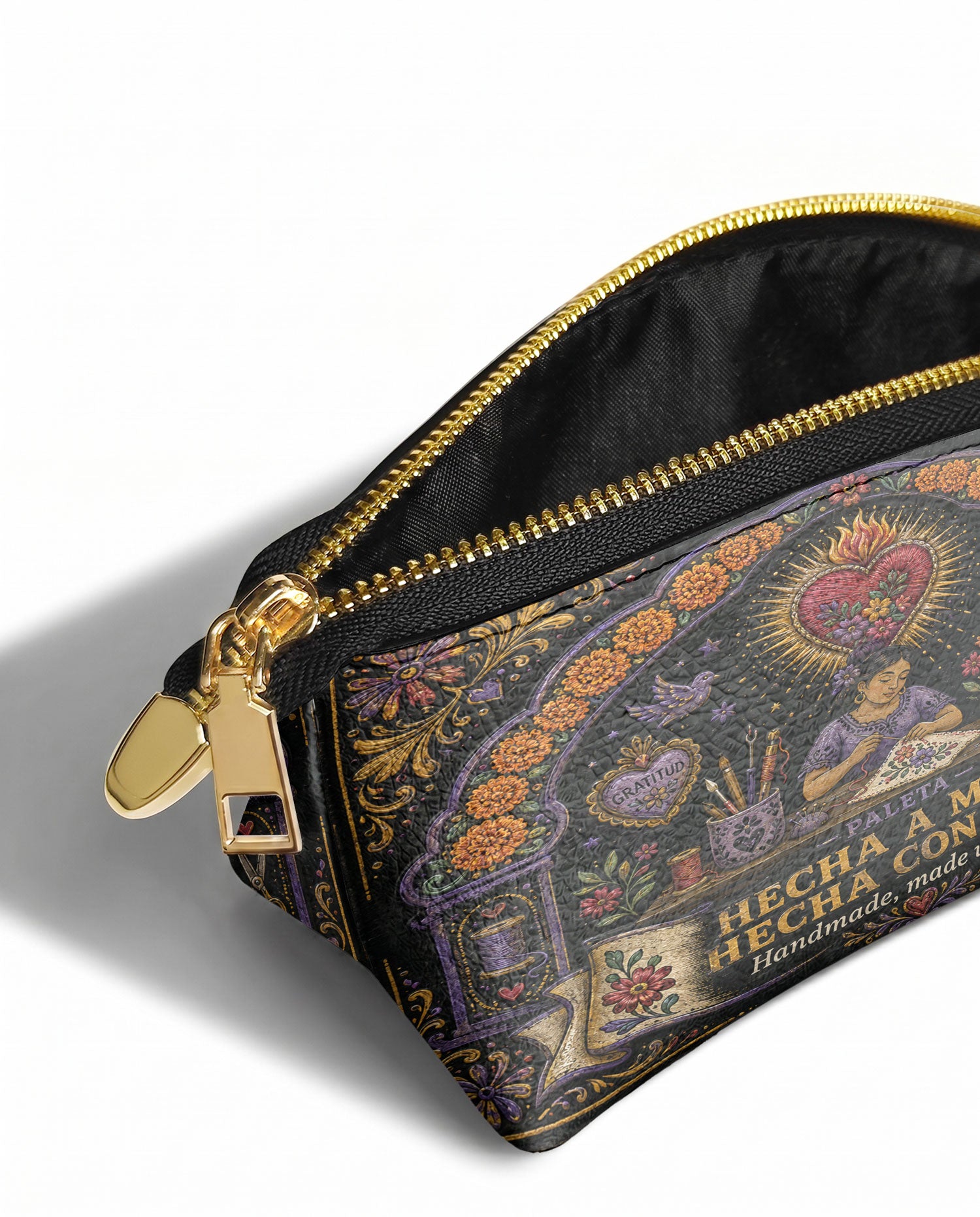 "Hecha a mano, hecha con amor" ver.5 Eclipse Makeup Bag - side view | Paleta Bags