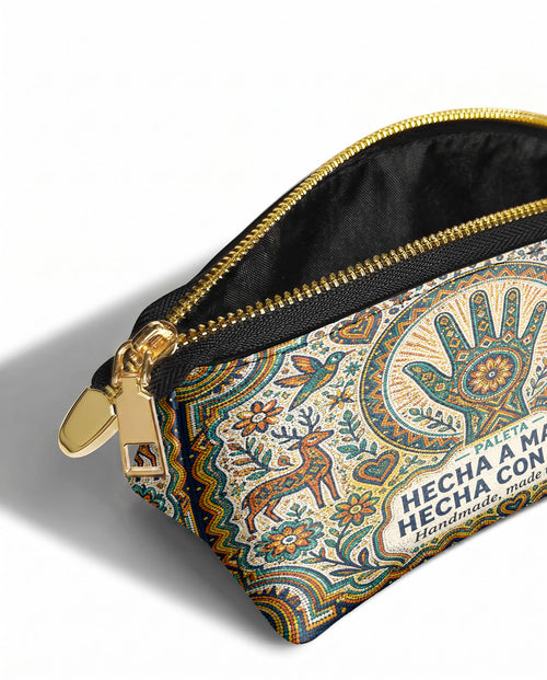 "Hecha a mano, hecha con amor" ver.3 Eclipse Makeup Bag - side view | Paleta Bags
