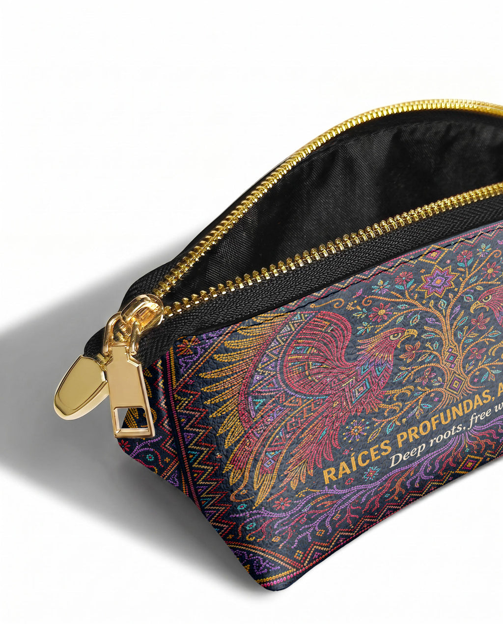 "Raíces profundas, alas libres" ver.1 Eclipse Makeup Bag - side view | Paleta Bags