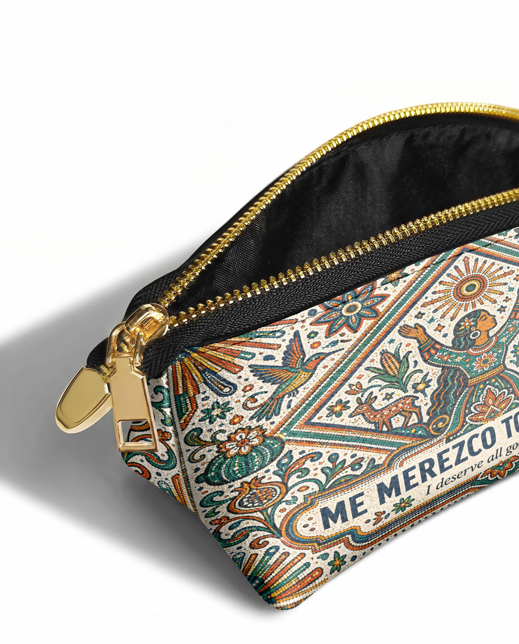 "Me merezco todo lo bueno" ver.5 Eclipse Makeup Bag - side view | Paleta Bags