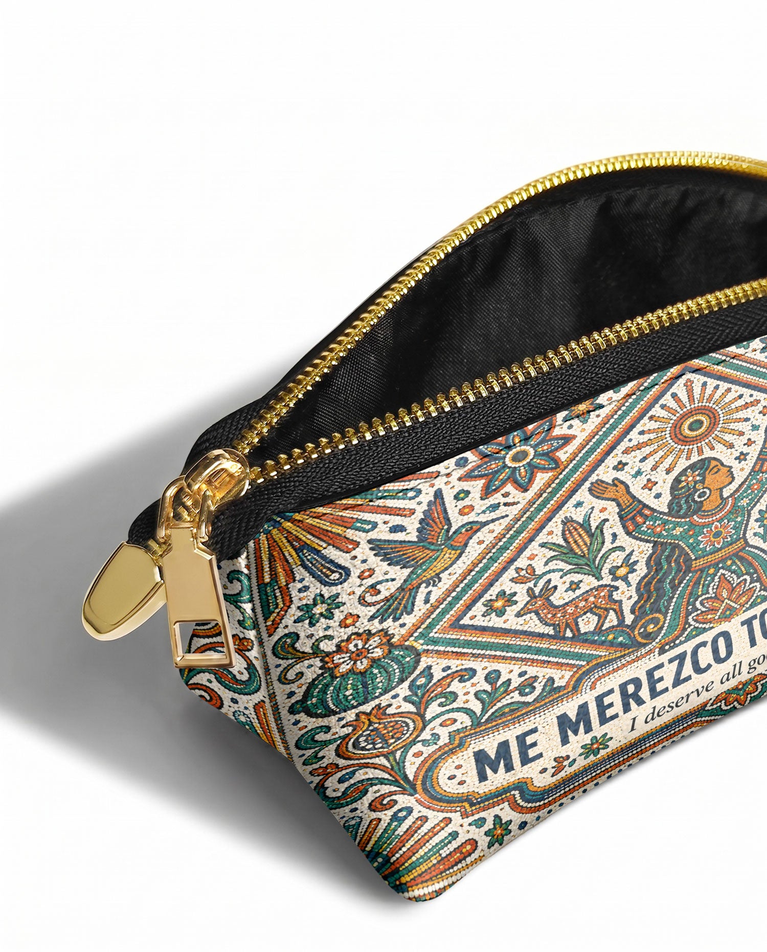 "Me merezco todo lo bueno" ver.5 Eclipse Makeup Bag - side view | Paleta Bags