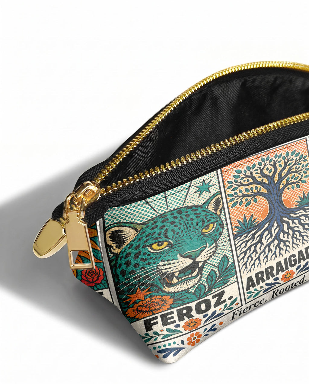 "Feroz. Arraigada. Radiante" ver.3 Eclipse Makeup Bag - side view | Paleta Bags
