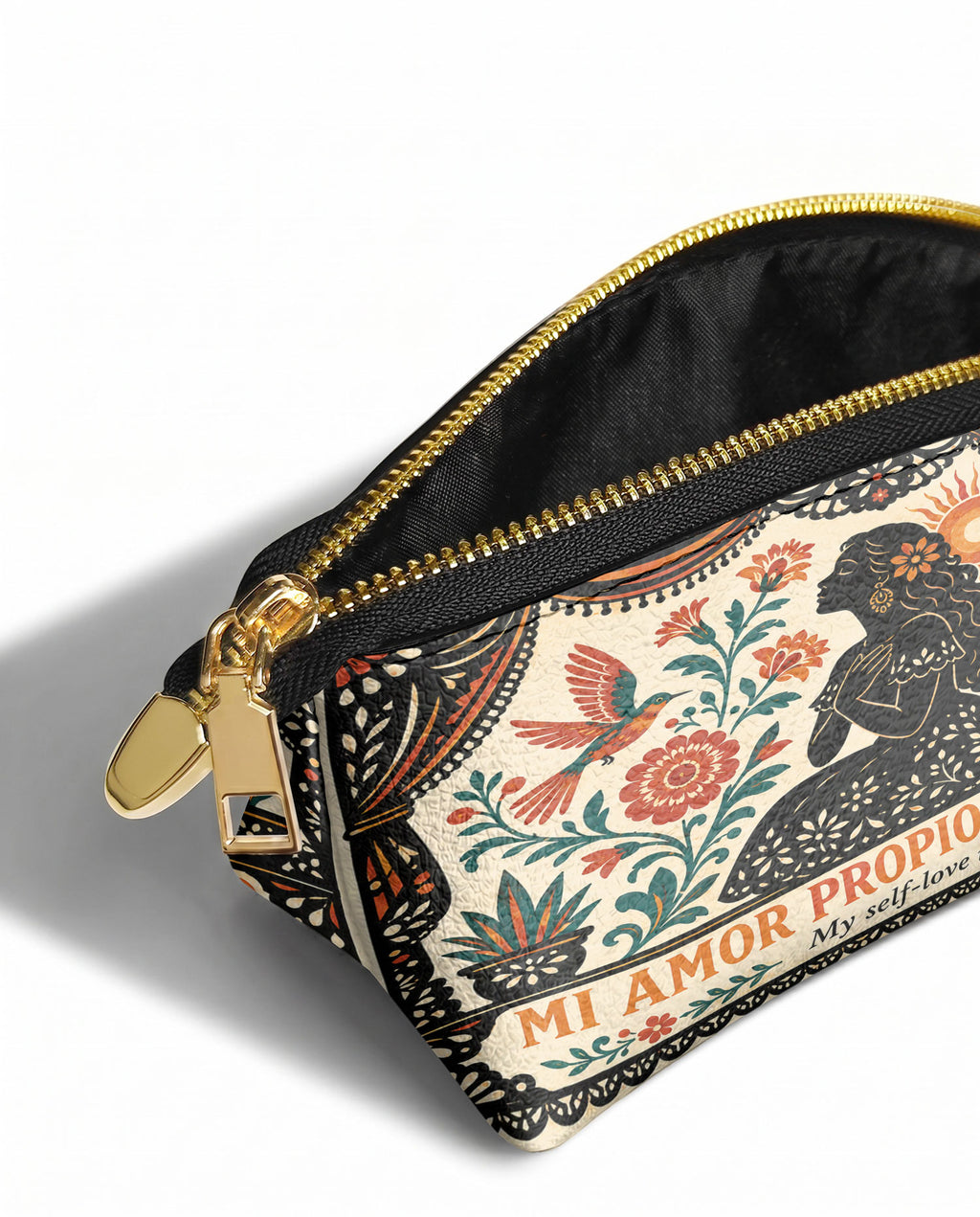"Mi amor propio es sagrado" ver.5 Eclipse Makeup Bag - side view | Paleta Bags