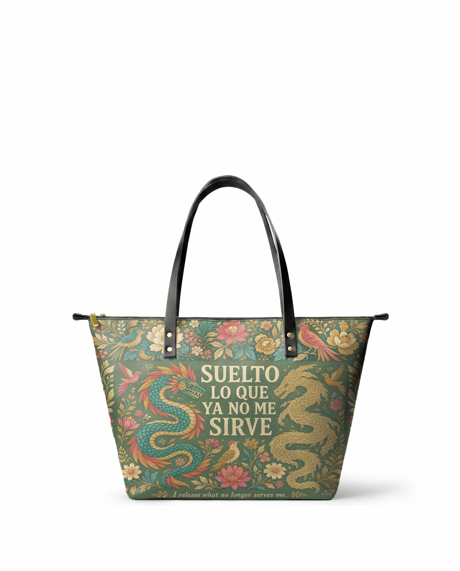 "Suelto lo que ya no me sirve" ver.3 Leather Tote Bag - front view | Paleta Bags