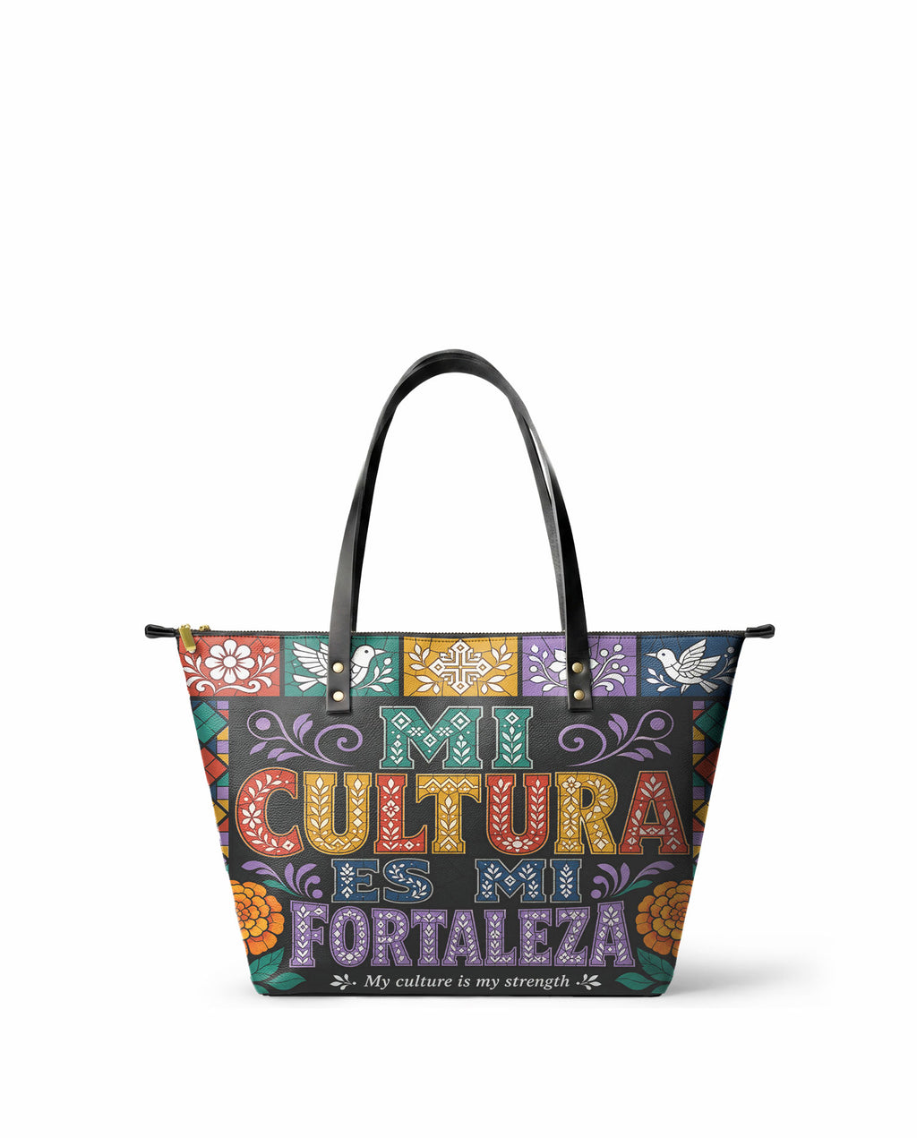 "Mi cultura es mi fortaleza" ver.4 Leather Tote Bag - front view | Paleta Bags