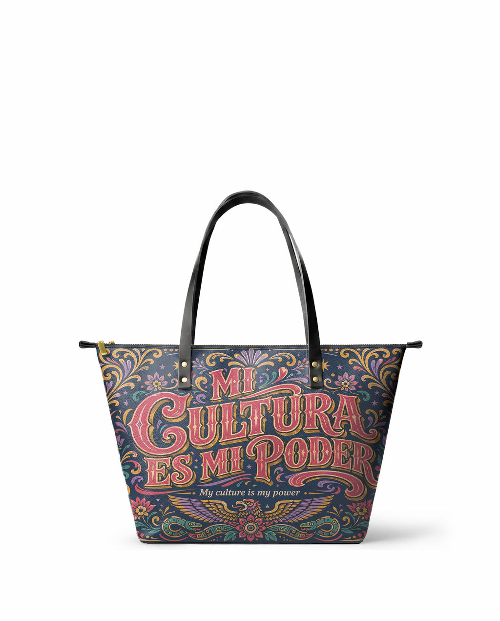 "Mi cultura es mi poder" ver.2 Leather Tote Bag - front view | Paleta Bags