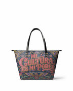 "Mi cultura es mi poder" ver.2 Leather Tote Bag - front view | Paleta Bags