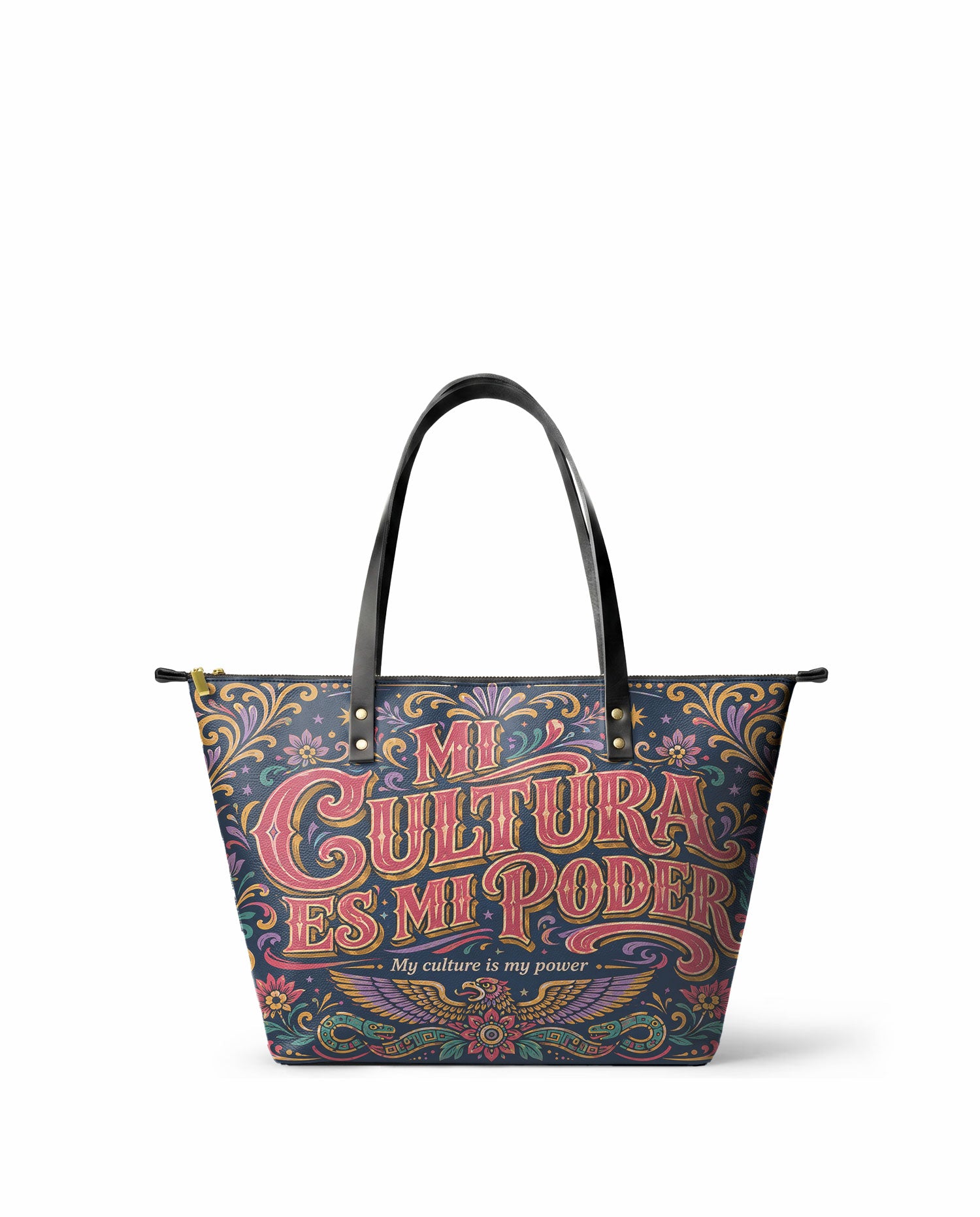 "Mi cultura es mi poder" ver.2 Leather Tote Bag - front view | Paleta Bags