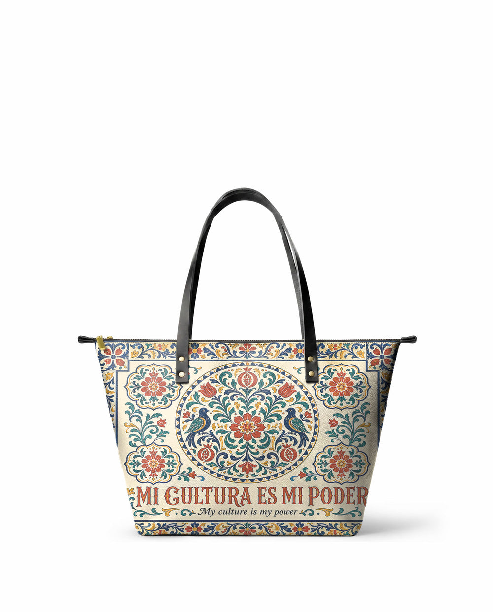 "Mi cultura es mi poder" ver.3 Leather Tote Bag - front view | Paleta Bags