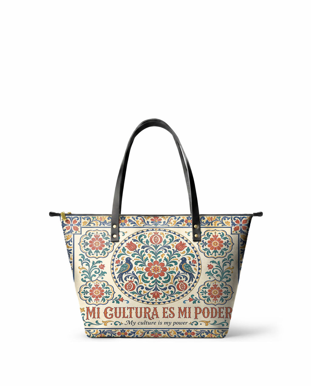 "Mi cultura es mi poder" ver.3 Leather Tote Bag - front view | Paleta Bags