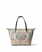 "Mi cultura es mi poder" ver.3 Leather Tote Bag - front view | Paleta Bags