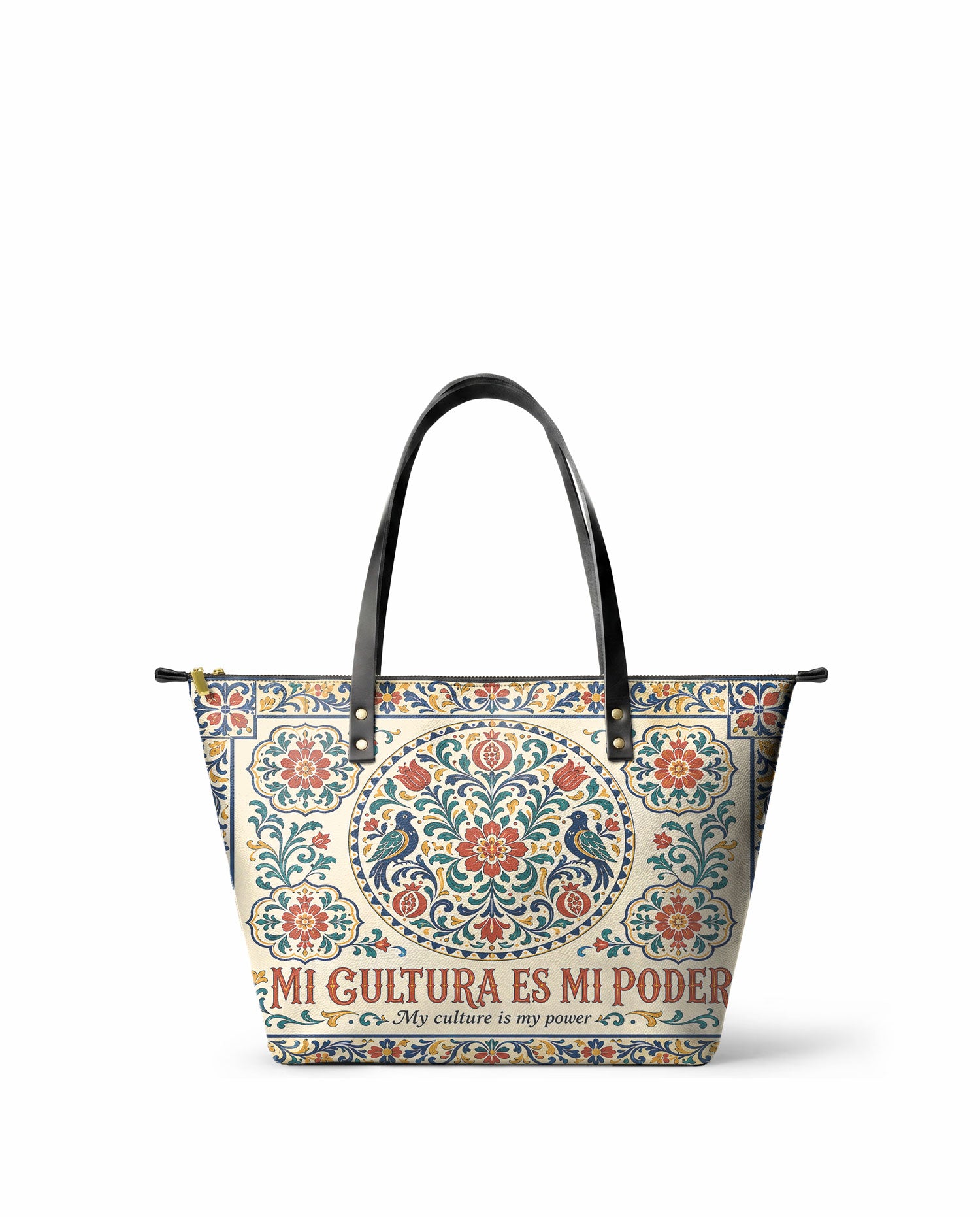 "Mi cultura es mi poder" ver.3 Leather Tote Bag - front view | Paleta Bags