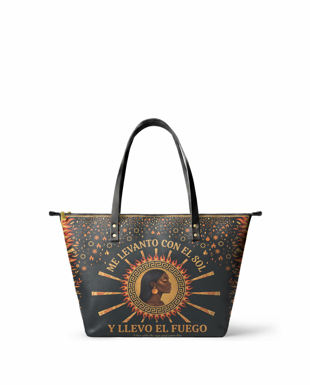 "Me levanto con el sol y llevo el fuego" ver.1 Leather Tote Bag - front view | Paleta Bags