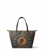 "Me levanto con el sol y llevo el fuego" ver.1 Leather Tote Bag - front view | Paleta Bags