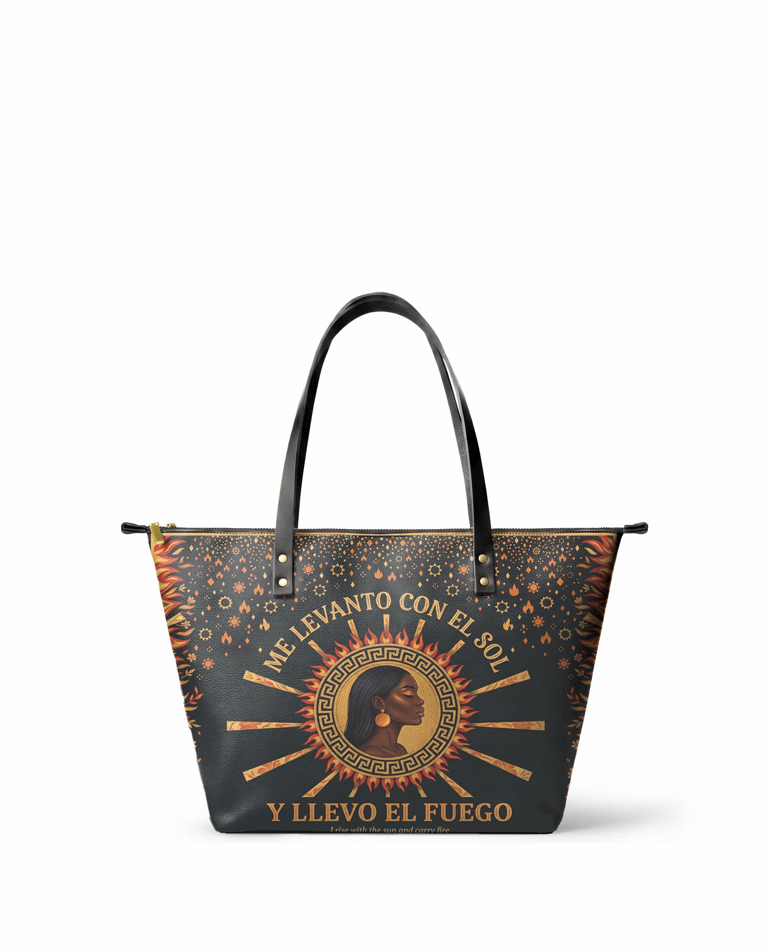 "Me levanto con el sol y llevo el fuego" ver.1 Leather Tote Bag - front view | Paleta Bags