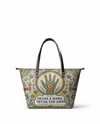 "Hecha a mano, hecha con amor" ver.3 Leather Tote Bag - front view | Paleta Bags