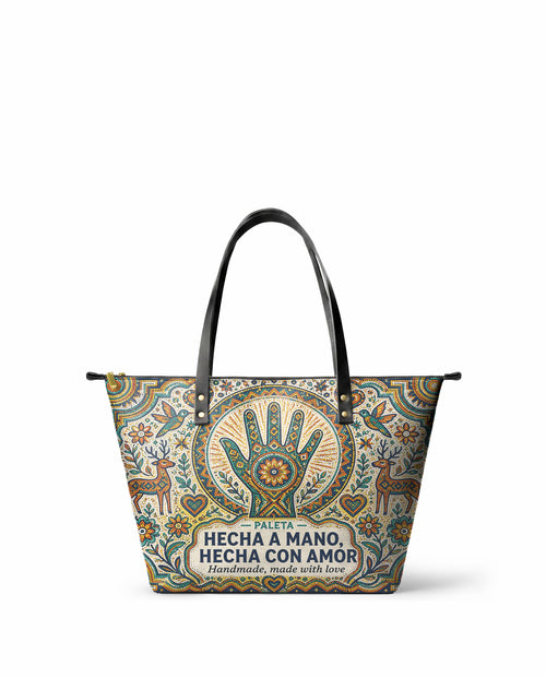 "Hecha a mano, hecha con amor" ver.3 Leather Tote Bag - front view | Paleta Bags
