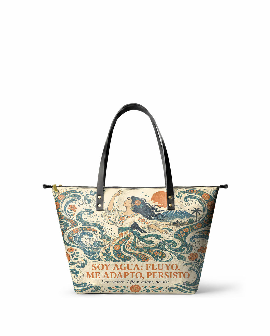 "Soy agua fluyo, me adapto, persisto" ver.4 Leather Tote Bag - front view | Paleta Bags