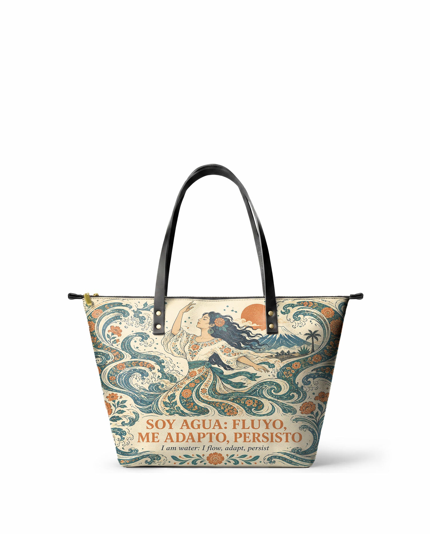 "Soy agua fluyo, me adapto, persisto" ver.4 Leather Tote Bag - front view | Paleta Bags
