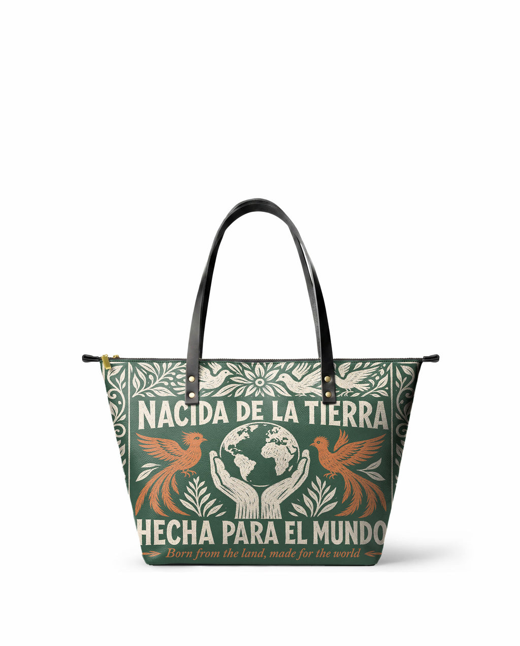 "Nacida de la tierra, hecha para el mundo" ver.3 Leather Tote Bag - front view | Paleta Bags