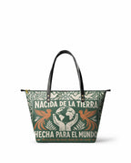 "Nacida de la tierra, hecha para el mundo" ver.3 Leather Tote Bag - front view | Paleta Bags