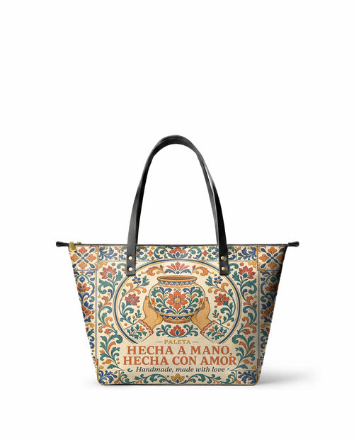 "Hecha a mano, hecha con amor" ver.2 Leather Tote Bag - front view | Paleta Bags