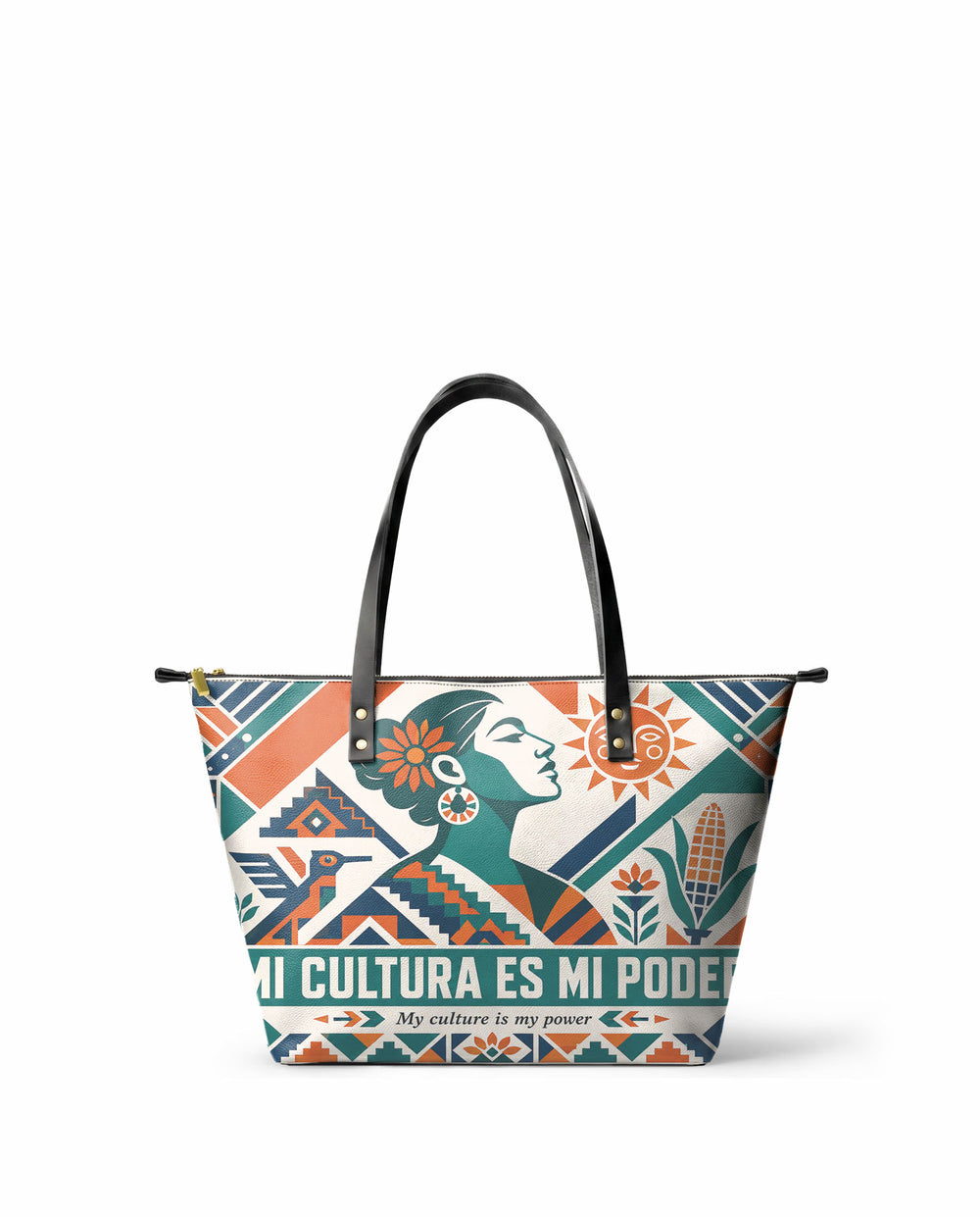 "Mi cultura es mi poder" ver.4 Leather Tote Bag - front view | Paleta Bags