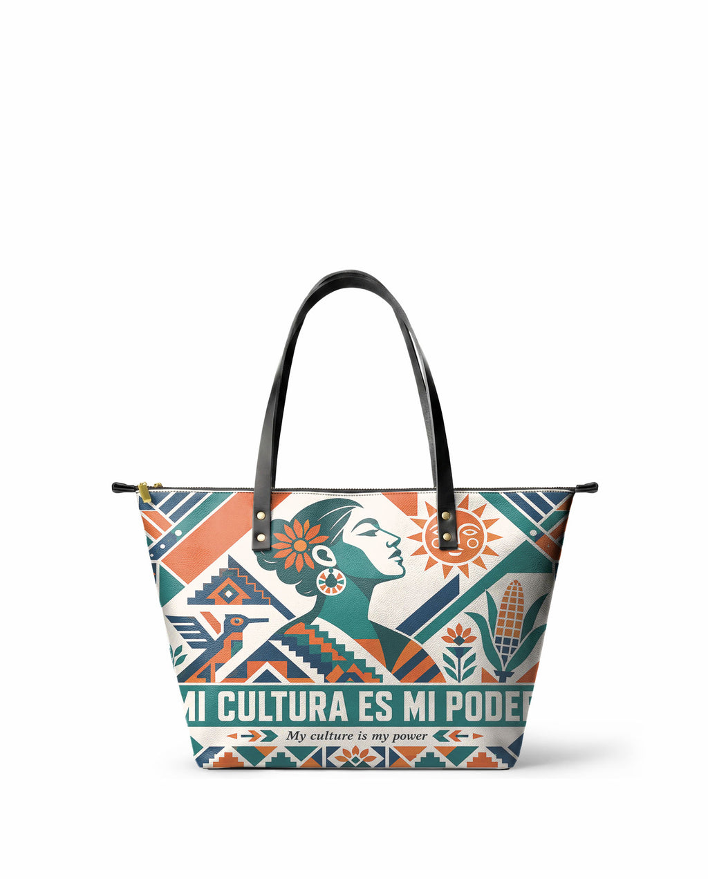 "Mi cultura es mi poder" ver.4 Leather Tote Bag - front view | Paleta Bags