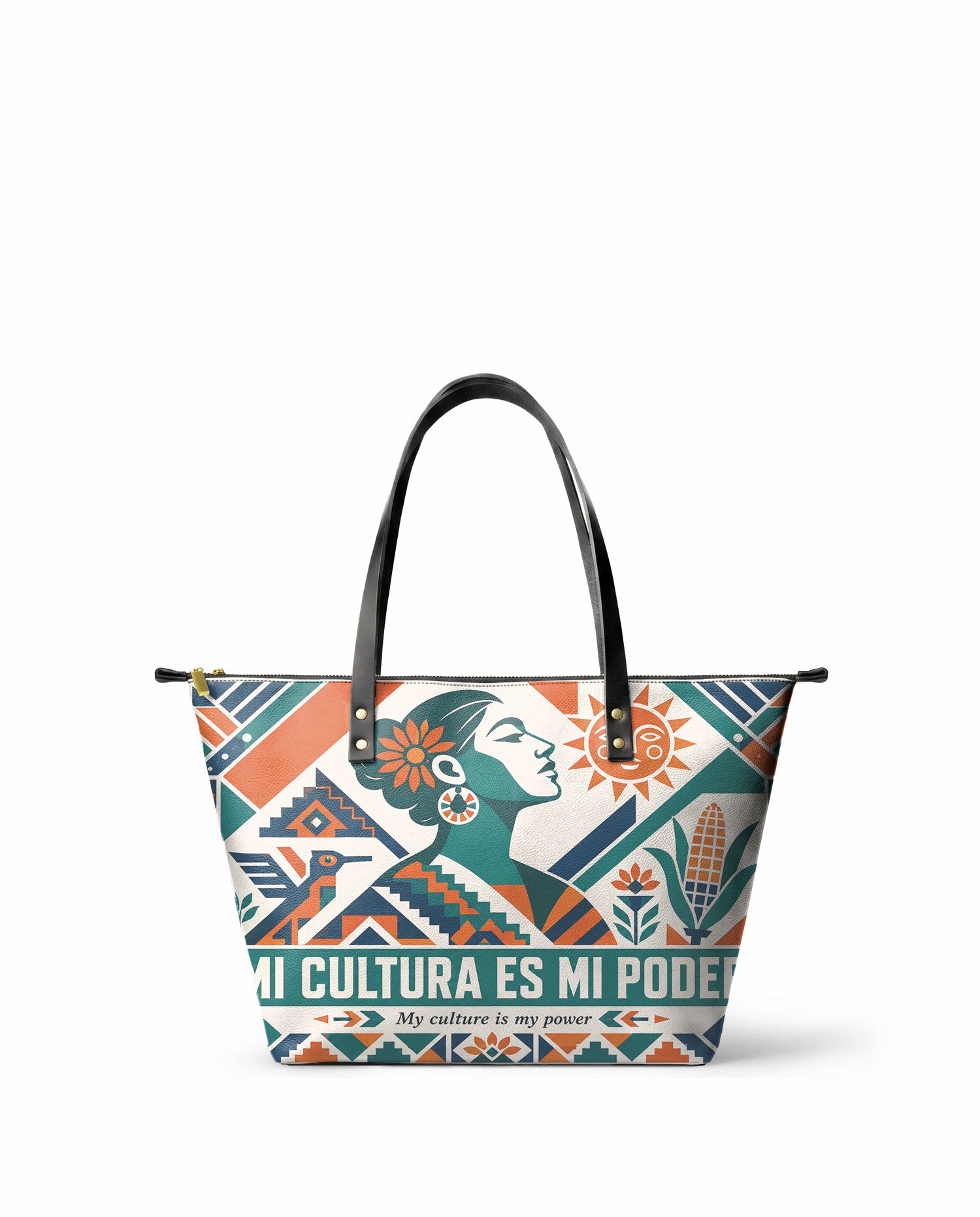 "Mi cultura es mi poder" ver.4 Leather Tote Bag - front view | Paleta Bags