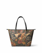 "Se amó hasta florecer" ver.2 Leather Tote Bag - front view | Paleta Bags