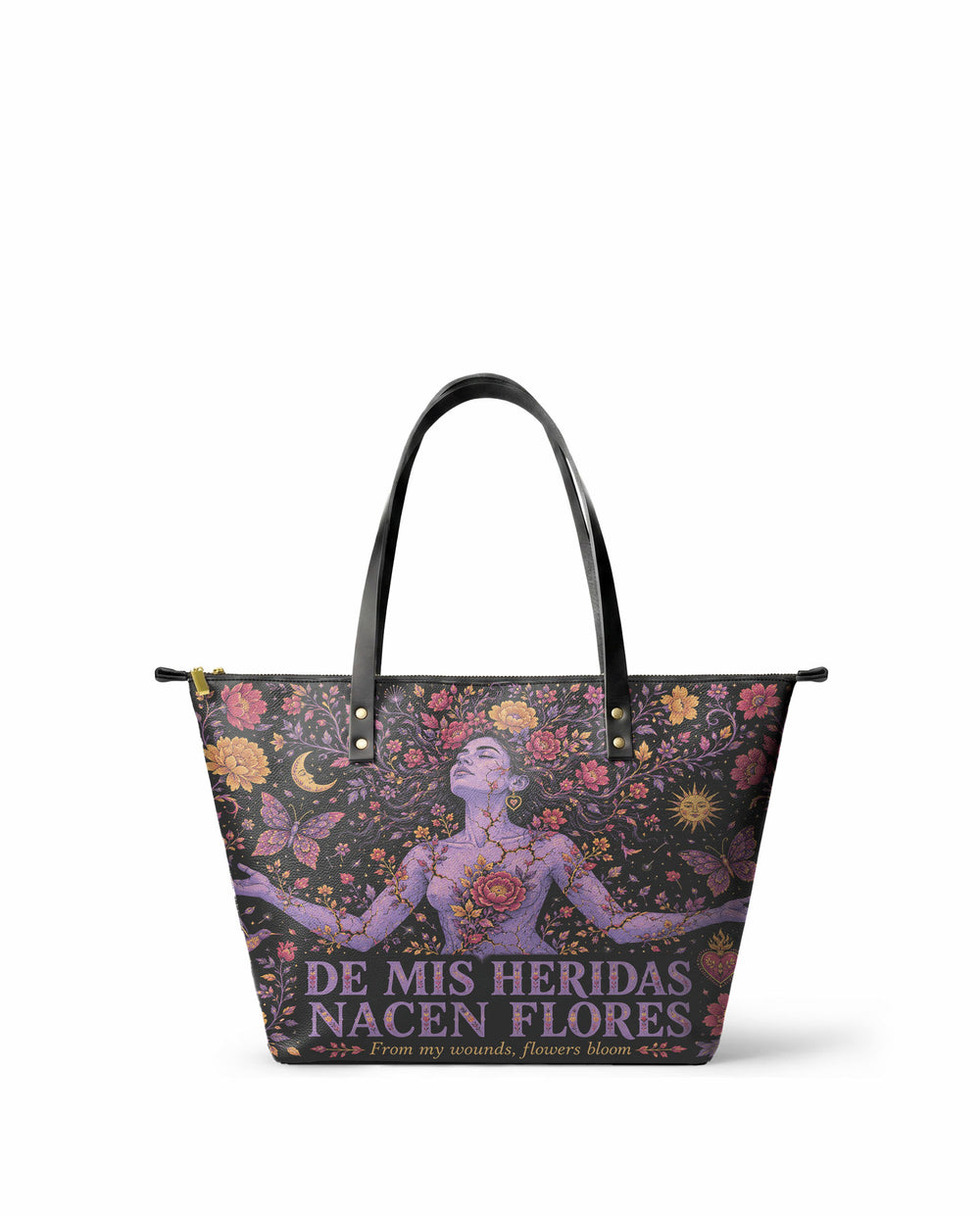 "De mis heridas nacen flores" ver.5 Leather Tote Bag - front view | Paleta Bags