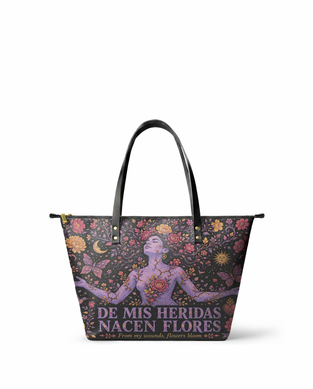"De mis heridas nacen flores" ver.5 Leather Tote Bag - front view | Paleta Bags