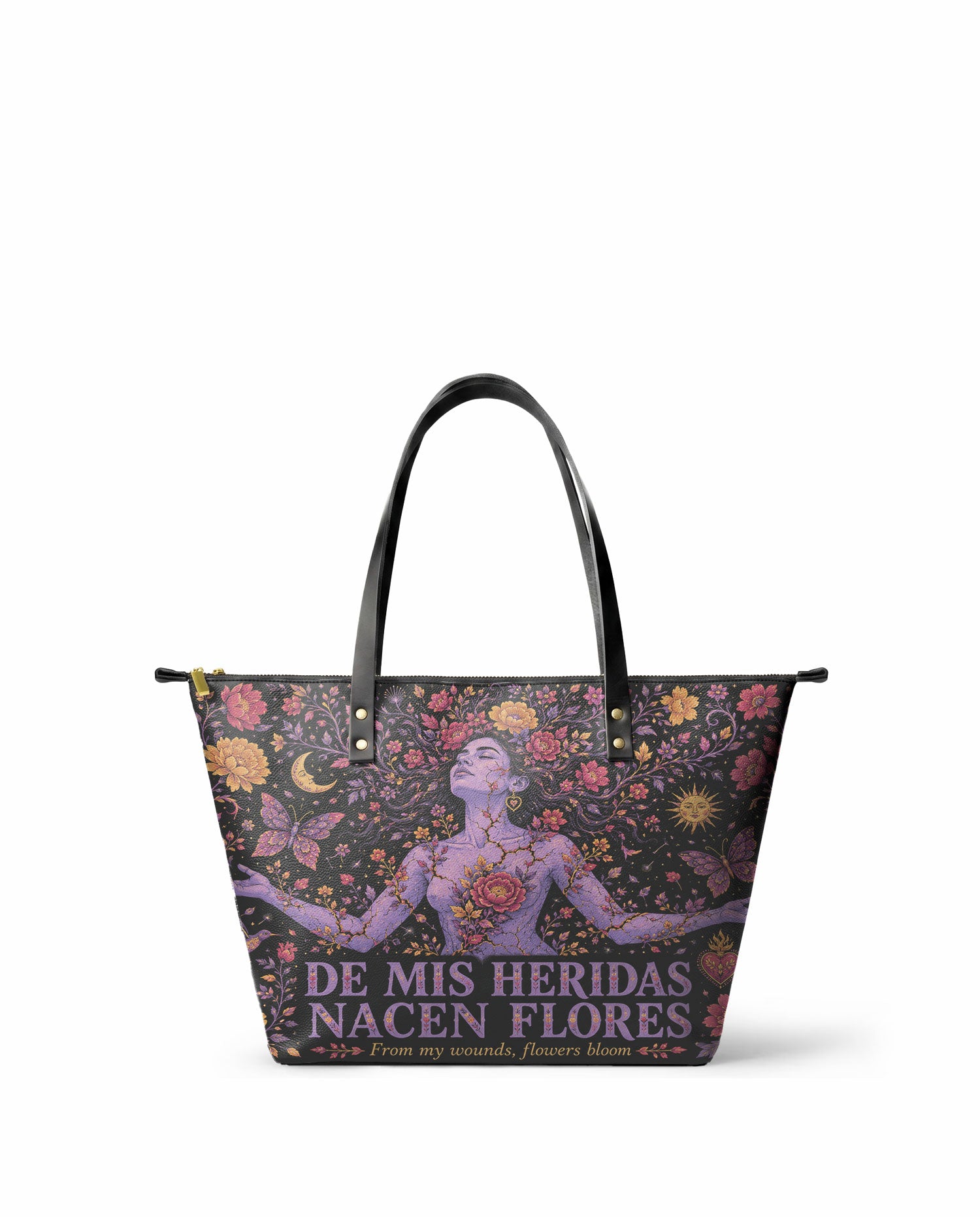 "De mis heridas nacen flores" ver.5 Leather Tote Bag - front view | Paleta Bags