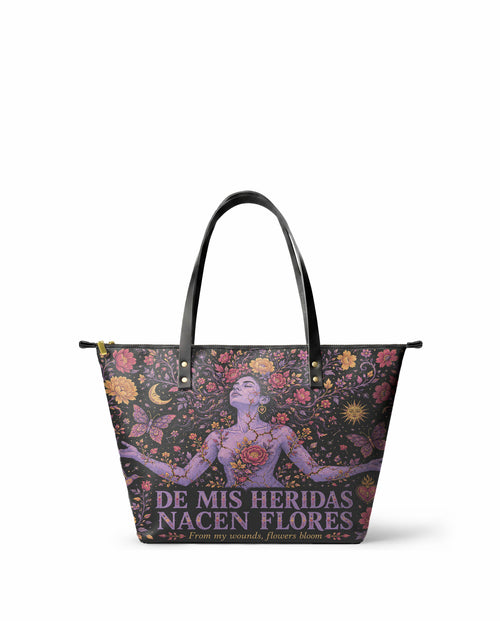 "De mis heridas nacen flores" ver.5 Leather Tote Bag - front view | Paleta Bags