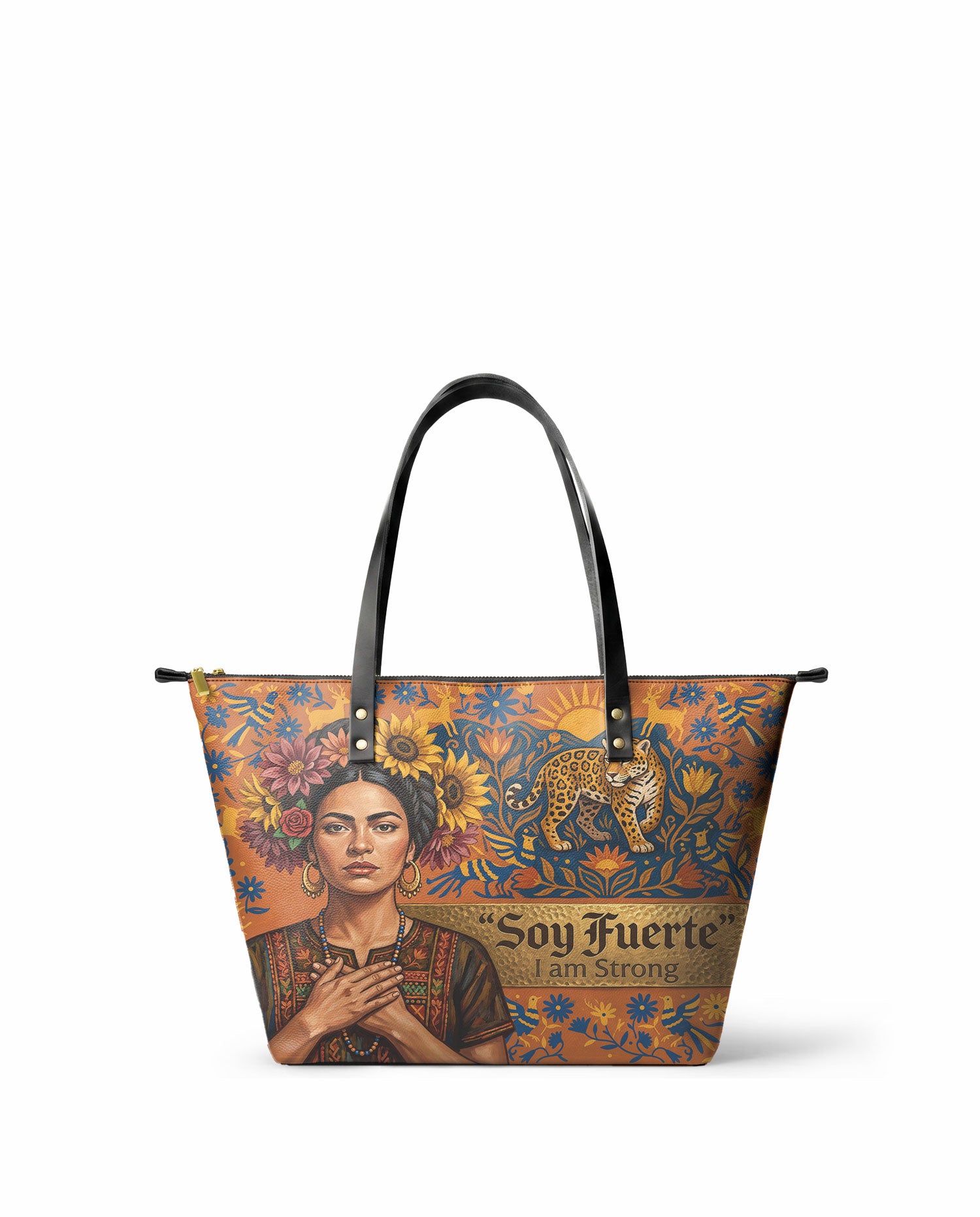 "Soy Fuerte" ver.2 Leather Tote Bag - front view | Paleta Bags