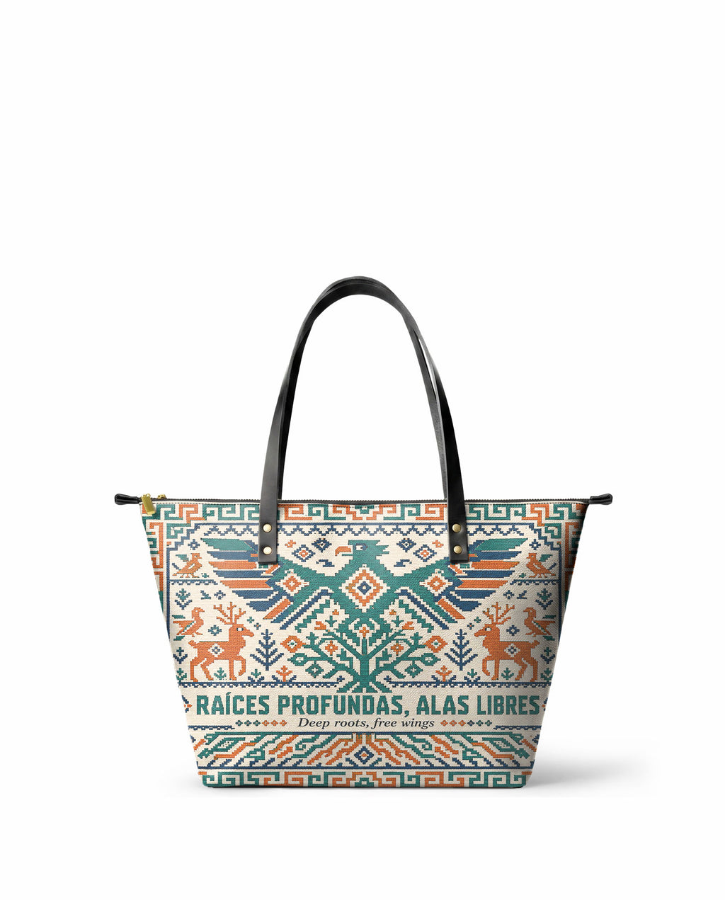 "Raíces profundas, alas libres" ver.4 Leather Tote Bag - front view | Paleta Bags