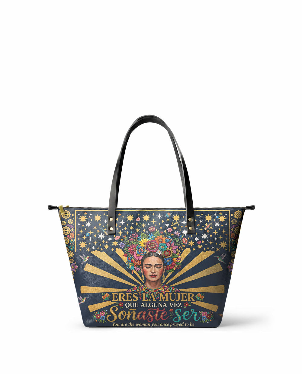 "Eres la mujer que alguna vez soñaste ser" ver.3 Leather Tote Bag - front view | Paleta Bags